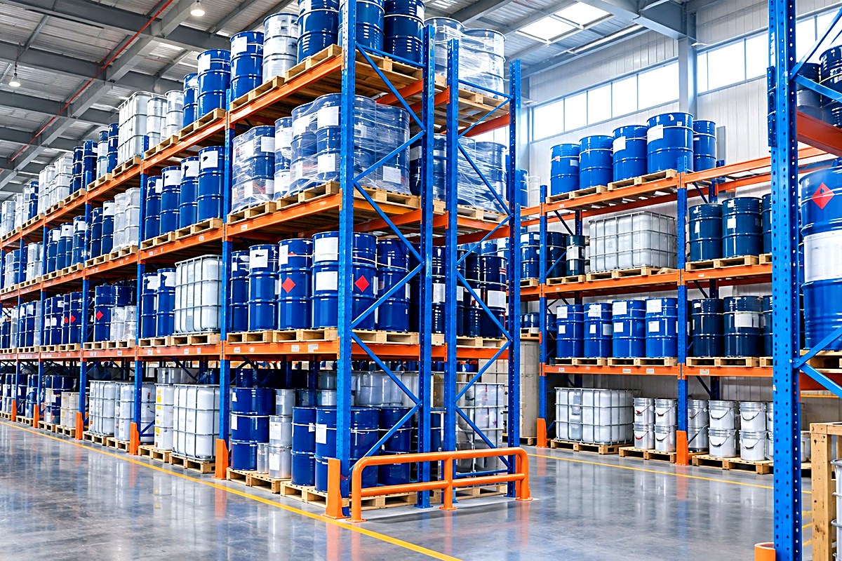 Chemical warehouse with steel drums on racking