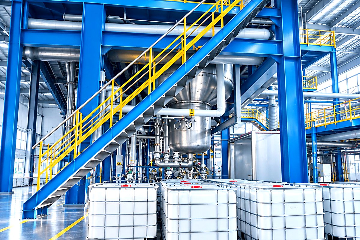 Fine chemical filling and production area with stainless reactors and IBC tanks