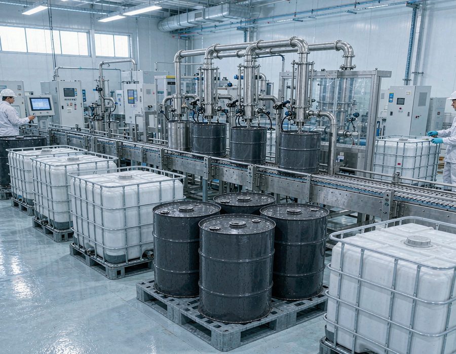 Steel drums and IBC containers on a filling line