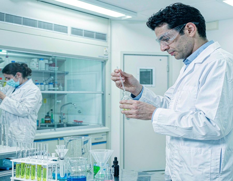 Chemist in a lab coat analysing a sample in a laboratory