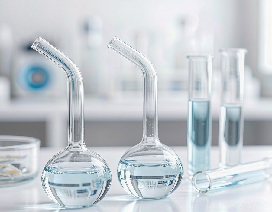 Pipette dispensing reagent into a laboratory flask